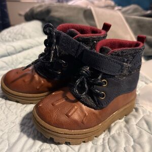 Kids Brown and Black Leather-Trim Ankle Boots with Burgundy Lining